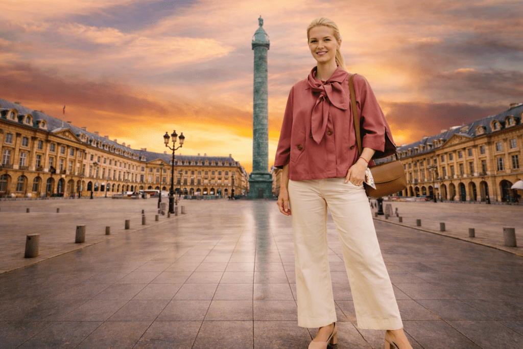 blusa rosa empolvado y pantalón beige