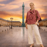 blusa rosa empolvado y pantalón beige