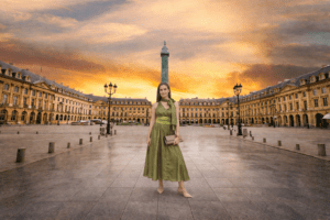 Vestido verde oliva elegante: sofisticación serena con aire europeo